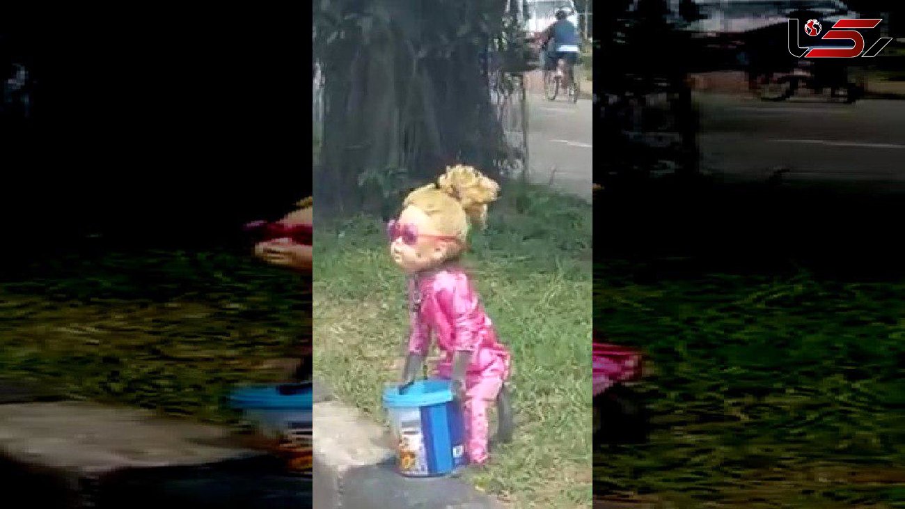 گدایی میمون با گریم دخترانه در خیابان +فیلم