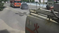 کامیون حامل شن، خودروی شاسی بلند را در خیابان مدفون کرد + فیلم