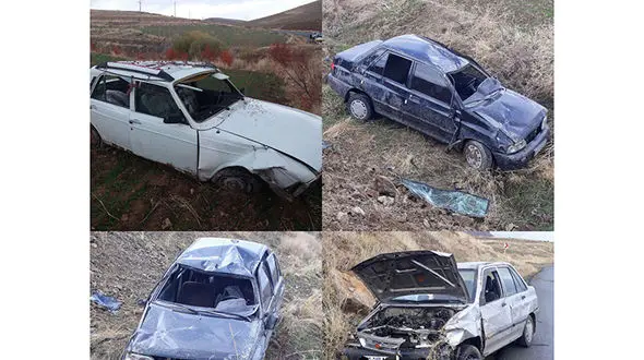 تصادف شدید 3 خودرو به علت ریختن گازوئیل روی سطح جاده+ عکس