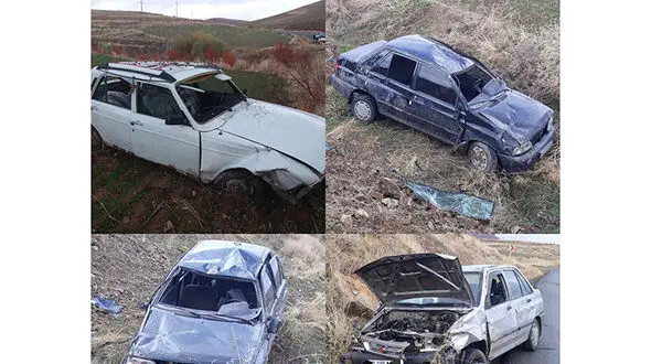 تصادف شدید 3 خودرو به علت ریختن گازوئیل روی سطح جاده+ عکس