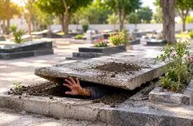 فیلم / تکان خوردن سنگ قبر، مرد مرده زنده از گور بیرون آمد / خانواده ای با دیدن این صحنه مبهوت شدند
