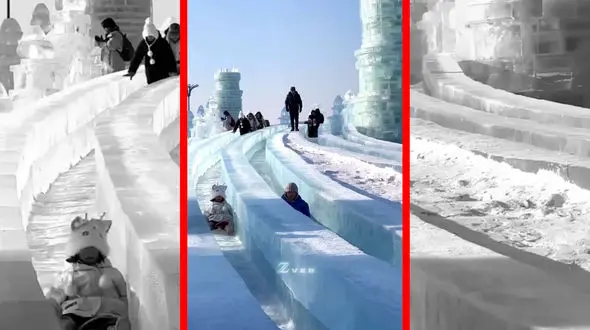 فیلم ساخت سرسره ها و مجسمه های شگفت انگیز از یخ دریاچه ها در چین
