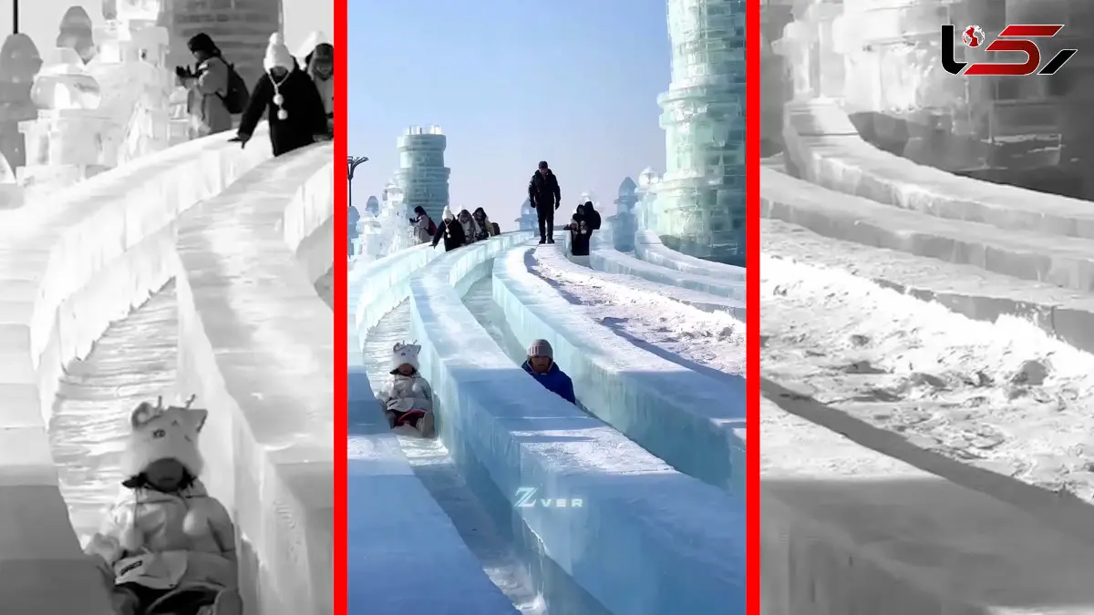 فیلم ساخت سرسره ها و مجسمه های شگفت انگیز از یخ دریاچه ها در چین