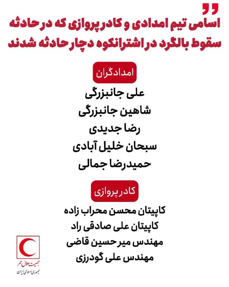 اسامى تیم امدادى و کادر پروازى که در حادثه سقوط بالگرد در اشترانکوه 
