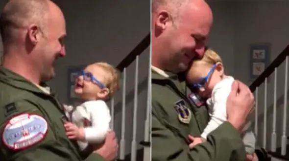 ببینید لحظه ذوق و شوق کودکی که برای نخستین بار چهره پدرش را دید +فیلم و تصاویر