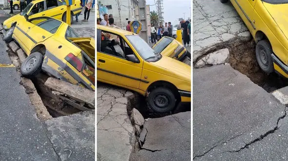 بلعیده شدن 2 تاکسی توسط زمین در گرگان ! / زمین ناگهان فرو نشست ! + عکس
