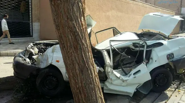 مچاله شدن پراید پس از تصادف با درخت + عکس
