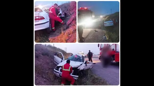 واژگونی هولناک سمند در جاده سقز / نجات 2 مرد از سمند له شده + عکس