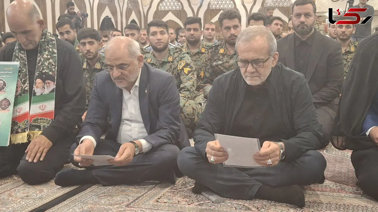 عکس حضور مسعود پزشکیان رئیس جمهور ایران در مراسم گرامیداشت شهدای جنگ 12 روزه فاتب