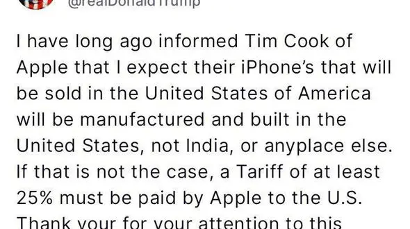 ترامپ اپل را به اعمال تعرفه ۲۵ درصدی تهدید کرد