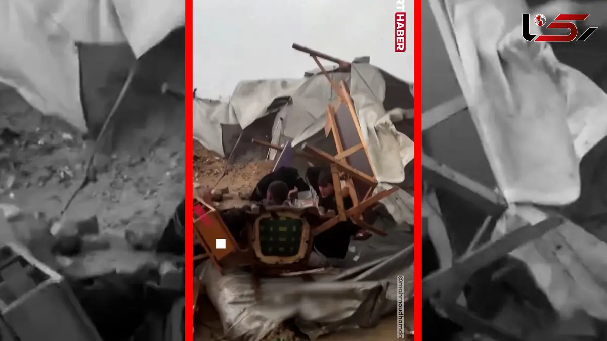 فیلم تخریب چادرهای آوارگان غزه بر اثر باد و باران