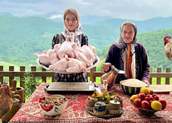 طرز تهیه مرغ شکم‌ پر روستایی در گیلان؛ خوشمزه و تنوری + فیلم