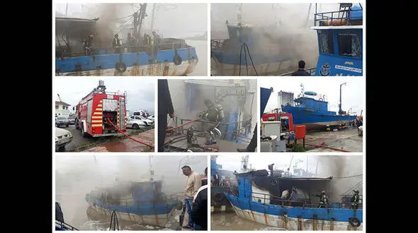 لحظه آتش گرفتن یک لنج صیادی در بابلسر +عکس