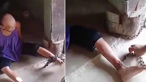 ویدئویی تکان‌دهنده از پیرزنی در غل و زنجیر!