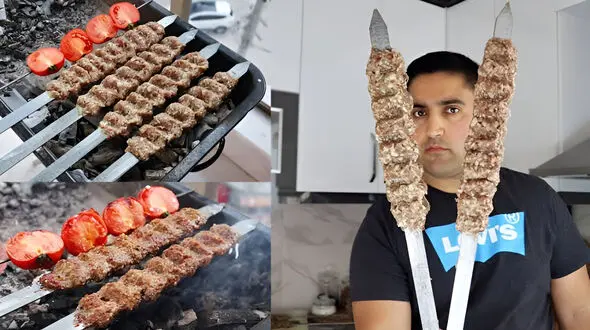 عکس/ خلاقیت خنده دار پدر ایرانی برای سیخ زدن گوشت قربونی حماسه آفرید/ هنر نزد ایرانیان است و بس