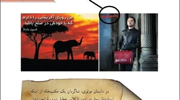 بهرام رادان مدل تبلیغاتی شرکت چرم درکتاب درسی بچه ها شد! +عکس