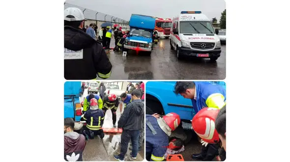 تصادف هولناک در انزلی / سر مرد جوان زیر نیسان آبی گیر کرد + عکس