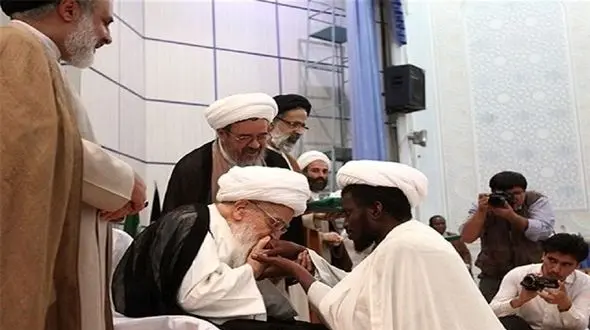 عکسی که جهانی شد؛ بوسه آیت الله صافی گلپایگانی بر دستان طلبه آفریقایی