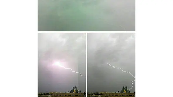 پدیده عجیب در آسمان / رعد و برق آسمان قم را سبز کرد+ تصاویر