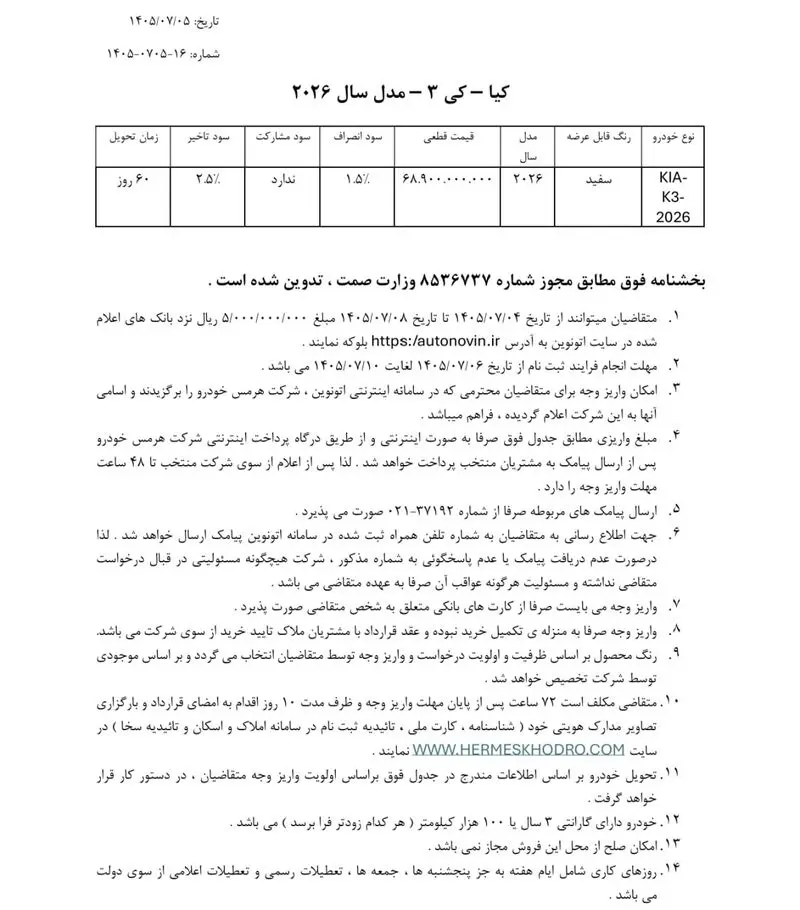 فروش کیا K3 مدل ۲۰۲۶ با قیمت ۶.۸ میلیارد تومان آغاز شد