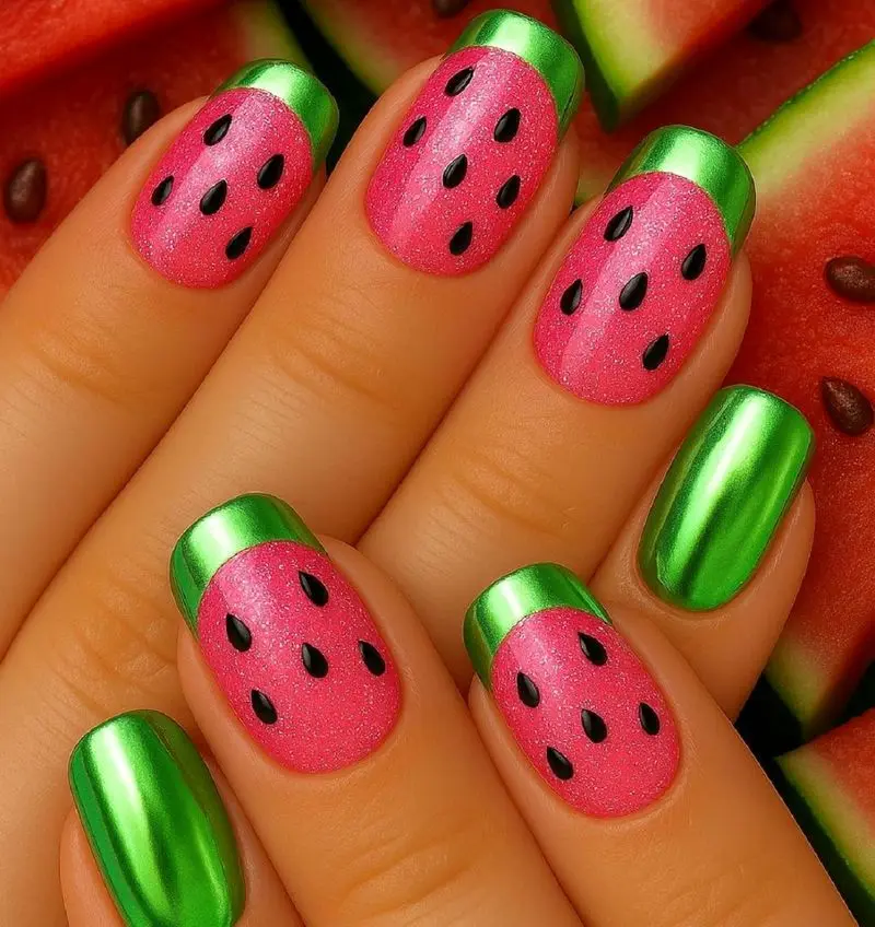 مدل ناخن شب یلدا هندوانه‌ای شیک1