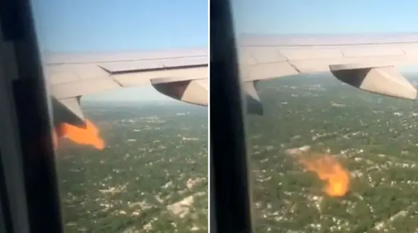 فیلم یک مسافر از لحظه وحشتناک آتش گرفتن موتور هواپیما در آسمان  