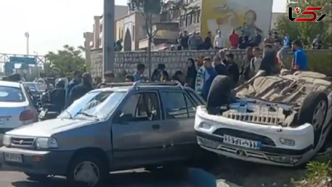 برخورد دو خودرو در بزرگراه زین‌الدین؛ پژو واژگون شد، تردد مختل شد+ فیلم