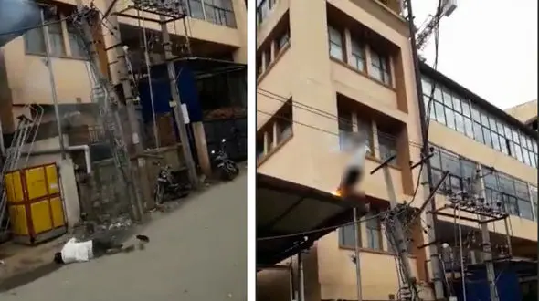 فیلم لحظه خودکشی یک مرد با برق خیابان ! / او آتش گرفت و دود کرد