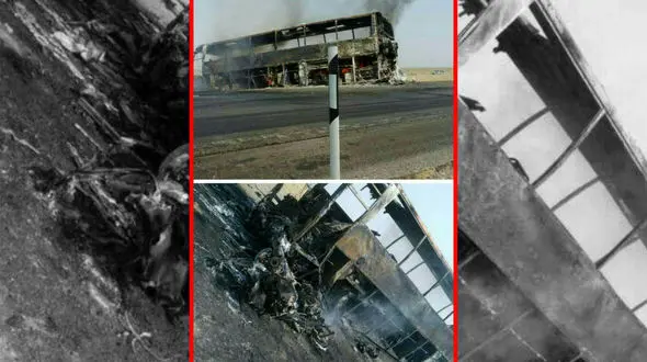 تصاویر هولناک بقایای تصادف اتوبوس با پژو حامل بنزین قاچاق / 7 نفر زنده سوختند 