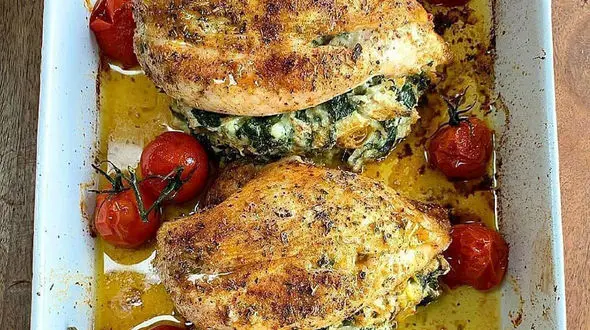 مرغ شکم پر با پنیر و اسفناج 