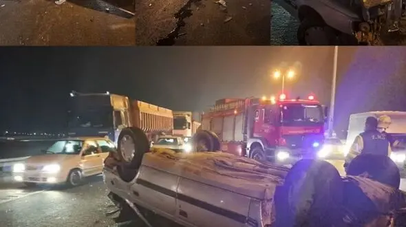 واژگونی هولناک پژو ۴۰۵ در اتوبان قزوین _ زنجان + عکس