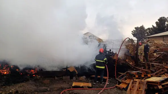 آتش‌سوزی مهیب در پاکدشت/ کارخانه پالت در آتش سوخت!