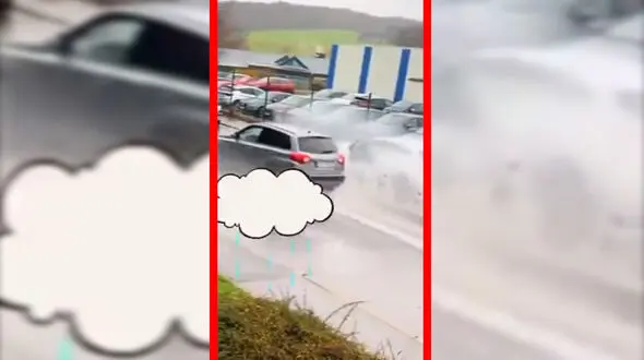 فیلم شوخی ناخوشایند راننده با مرد در جاده پرآب