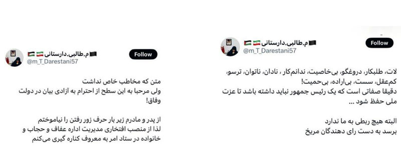 توییت توهین آمیز مهری طالبی دارستانی نسبت به رییس جمهور