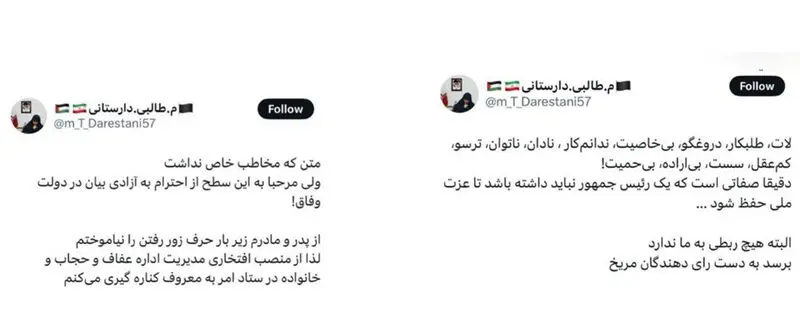توییت توهین آمیز مهری طالبی دارستانی نسبت به رییس جمهور