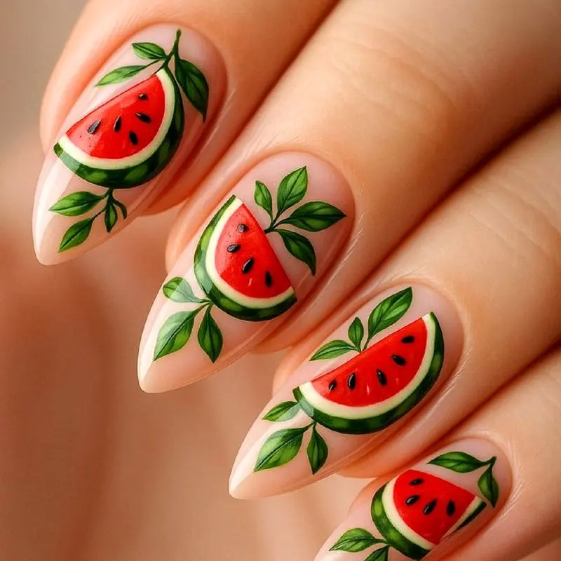 مدل ناخن شب یلدا هندوانه‌ای شیک 2