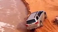فیلم لحظه نجات یک خودرو از سقوط به سیل مرگبار + عکس
