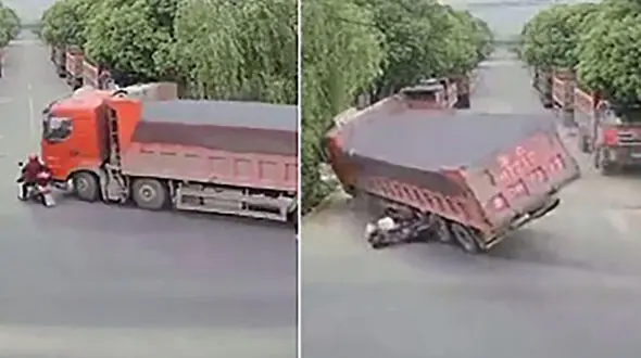 زنده ماندن معجزه آسای یک موتورسوار پس از تصادف با تریلی + فیلم