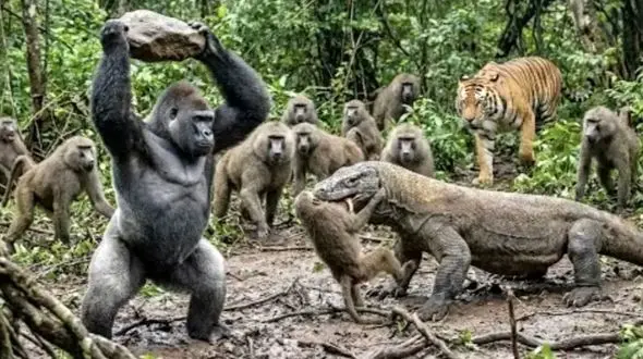 فیلم مستند حیات وحش / نبرد خلاقانه گوریل  با کومودویی که به برادرانش حمله برد 