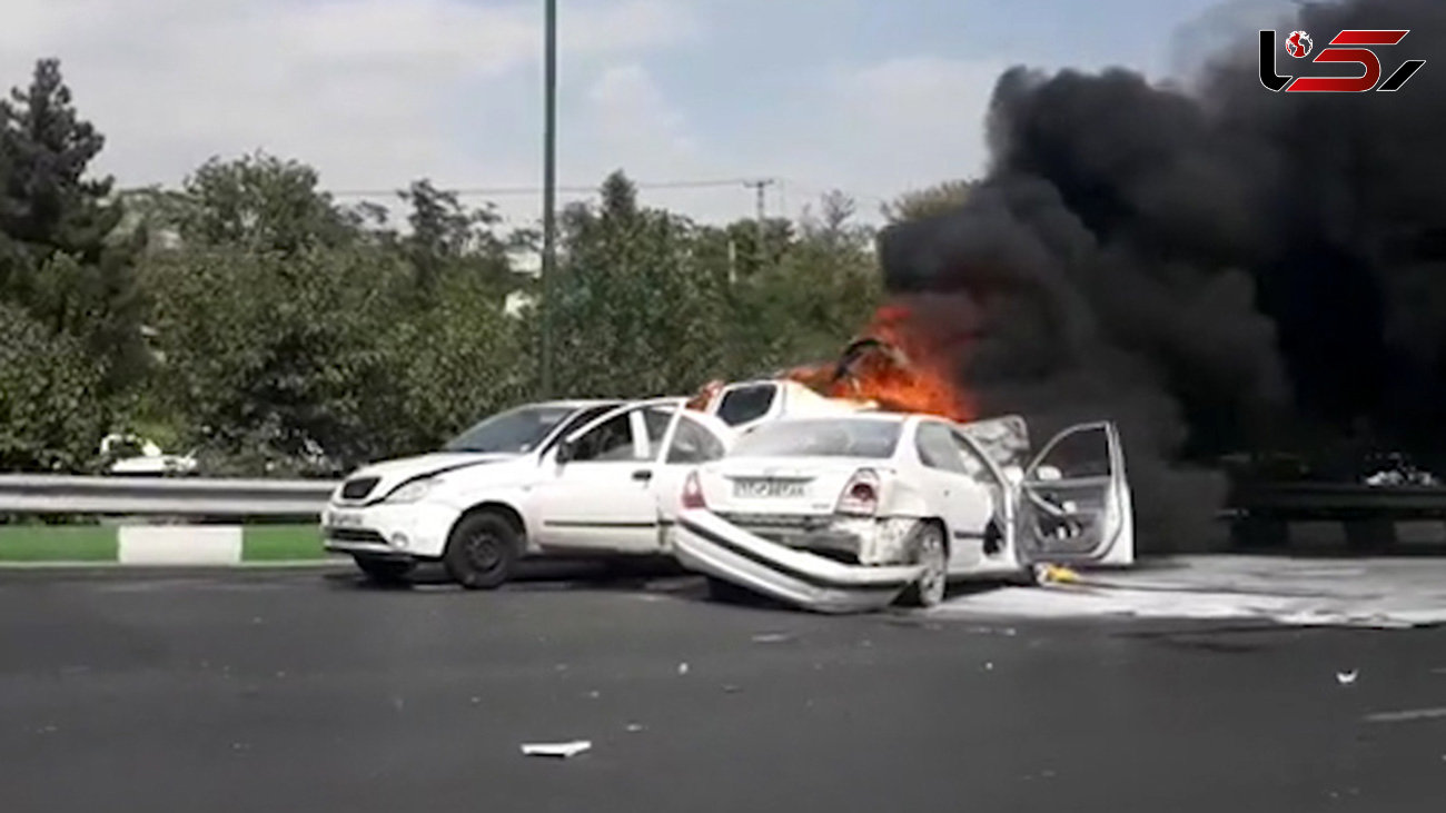 فیلم هولناک از تصادف و آتش سوزی 3 خودرو در اتوبان بابایی تهران / صبح امروز رخ داد