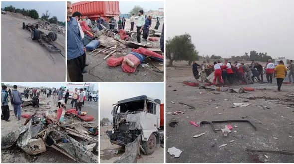 تصادف وحشتناک در جاده شوشتر / 16 کشته و 8 مجروح در تصادف مرگبار تریلی با مینی‌بوس + عکس