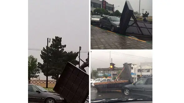 عکسی وحشت آور از سقوط یک تابلو تبلیعاتی روی پژو پرشیا در مشهد