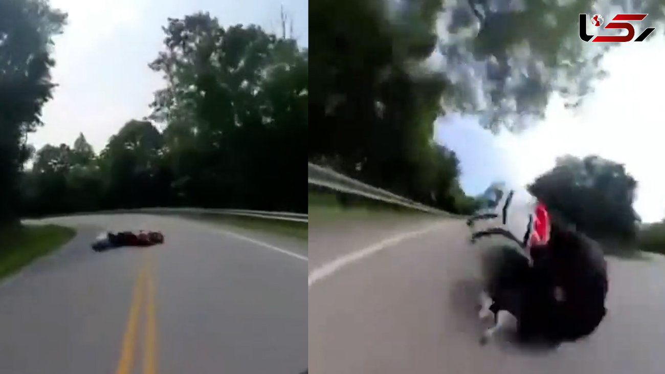 ببینید / سر خوردن موتورسوار بعد از تصادف در امتداد جاده           