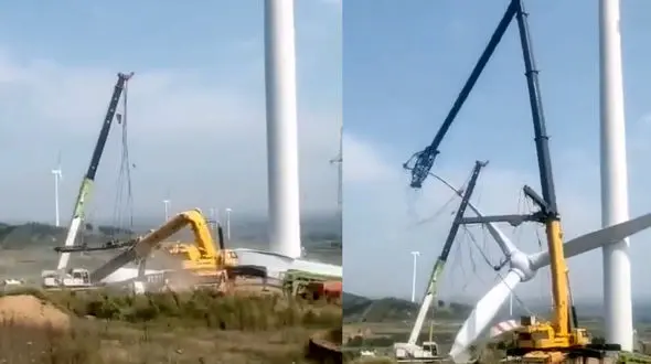 فیلم لحظه له شدن یک جرثقیل غول پیکر در صحنه نصب توربین بادی 