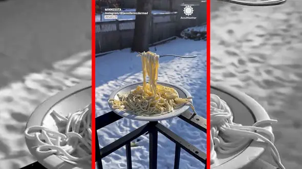 فیلم یخ زدن پاستا در سرمای شدید مینه سوتا