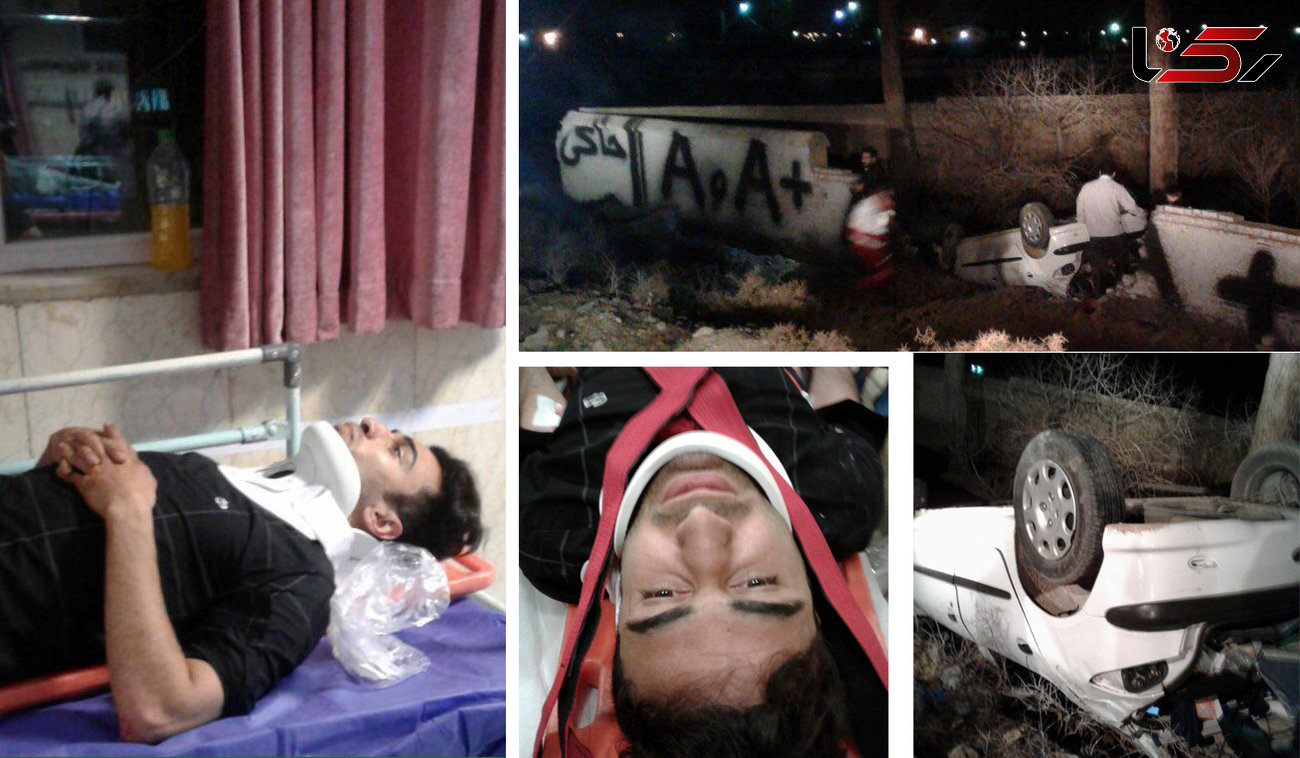 تصاویر واژگونی خودروی فوتبالیست تهرانی در پاکدشت / شاگرد علی دایی در بیماستان بستری شد+عکس