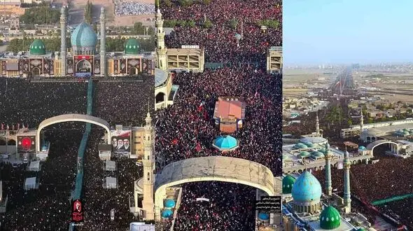 فیلم اقامه نماز بر پیکر مطهر رهبر شهید انقلاب و خانواده ایشان و تشییع در مسجد جمکران قم + تصاویر