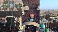 فیلم اقامه نماز بر پیکر مطهر رهبر شهید انقلاب و خانواده ایشان و تشییع در مسجد جمکران قم + تصاویر
