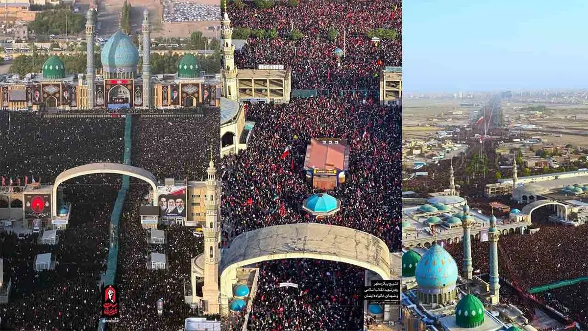 فیلم اقامه نماز بر پیکر مطهر رهبر شهید انقلاب و خانواده ایشان و تشییع در مسجد جمکران قم + تصاویر