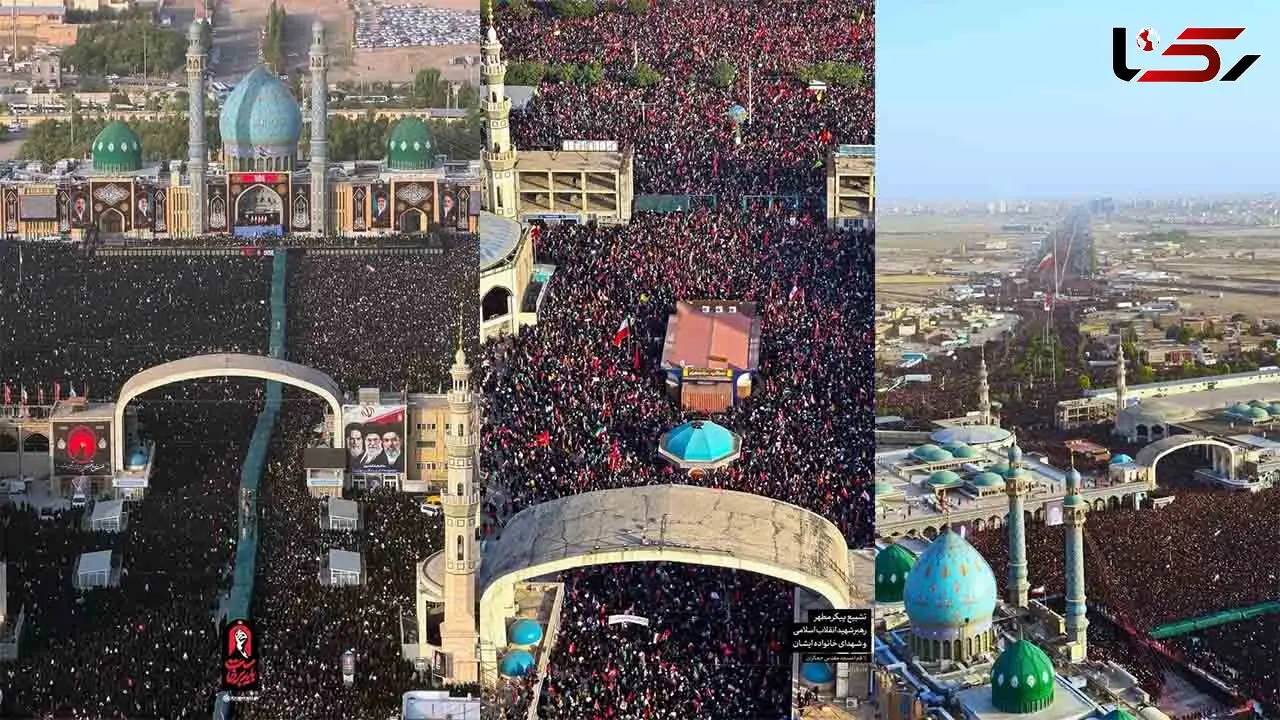 فیلم اقامه نماز بر پیکر مطهر رهبر شهید انقلاب و خانواده ایشان و تشییع در مسجد جمکران قم + تصاویر